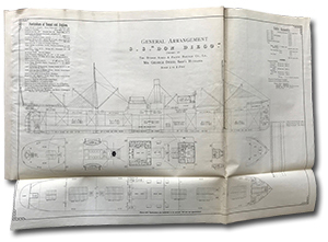 de plan de bateaux à l’échelle. “General Arrangement S. S. Don Diego. Owned by the Buenos Ayres & Pacific Railway Co. Ld., Mr. George Dodd, Ships' Husband. Scale 1/16 to 1 foot.”